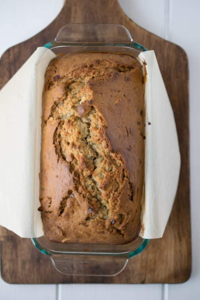 Banana bread in a glass pan
