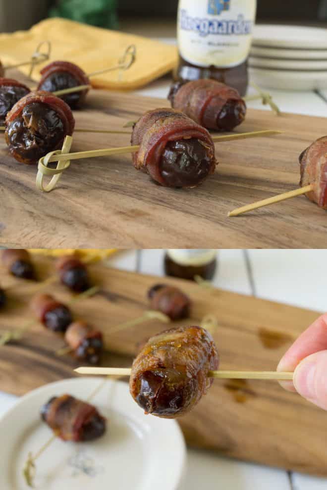 Holding a bacon wrapped date with a skewer