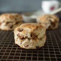 A side view of a scone showing the dates and apple