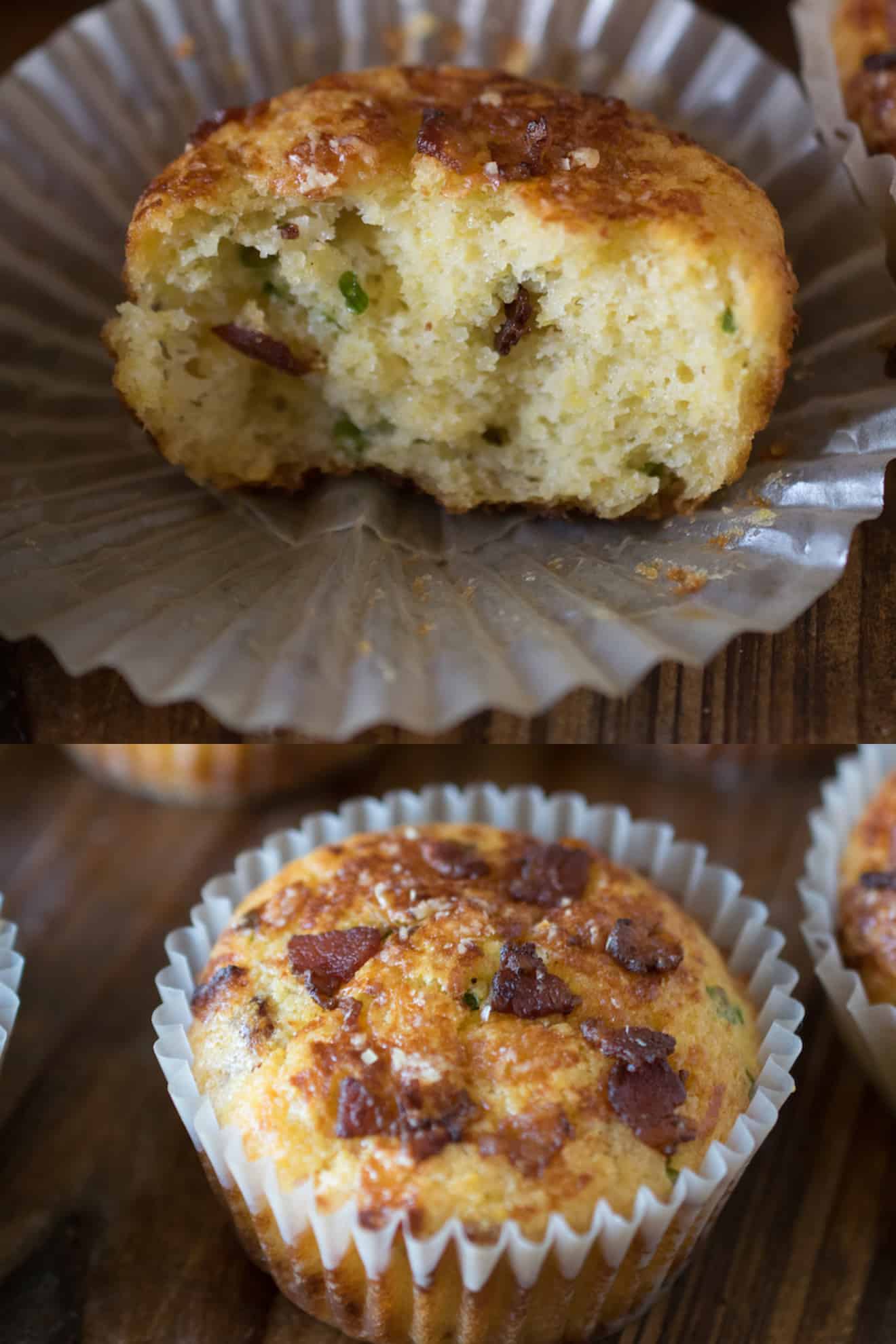 Half of a muffin showing the fluffy inside with bacon pieces