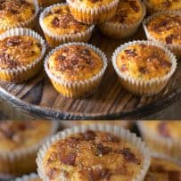 Muffins stacked on a serving board and a closeup