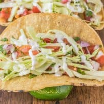 A corn tortilla filled with halibut, pico de gallo, cabbage and Mexican cream