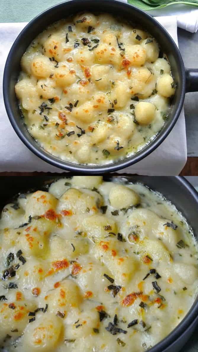 Baked gnocchi from overhead and a closeup showing the flecks of fresh sage
