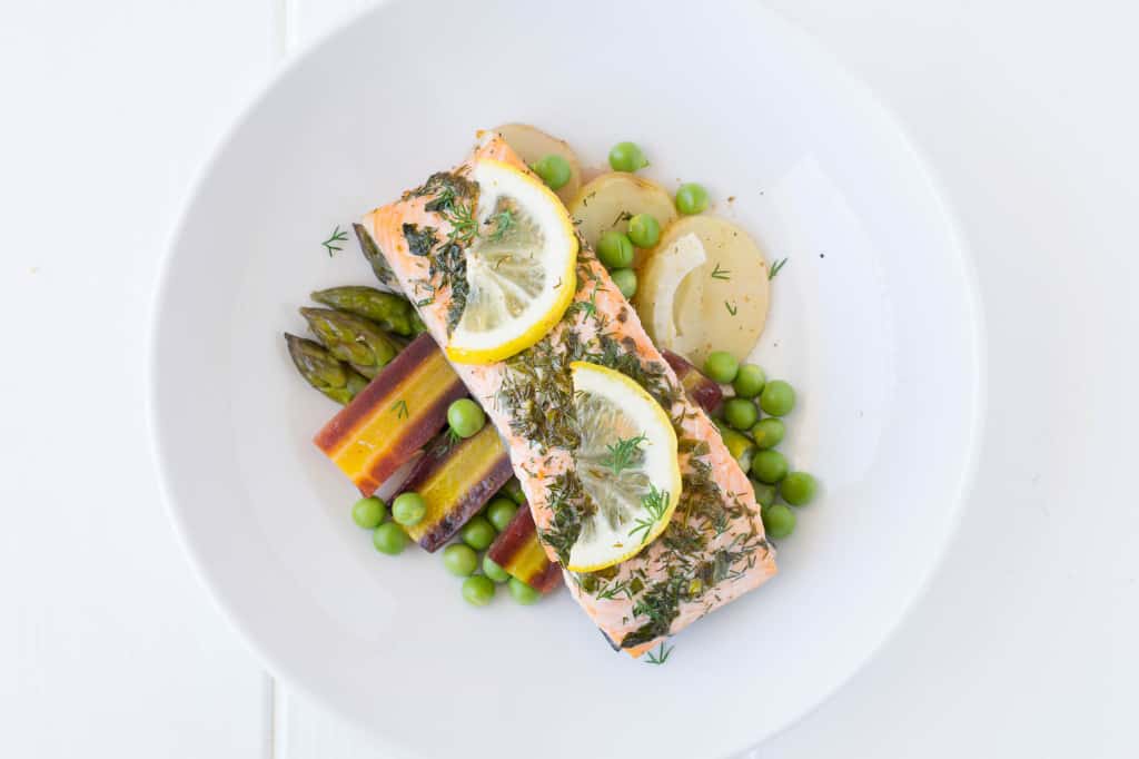 An overhead showing the meal on a white plate