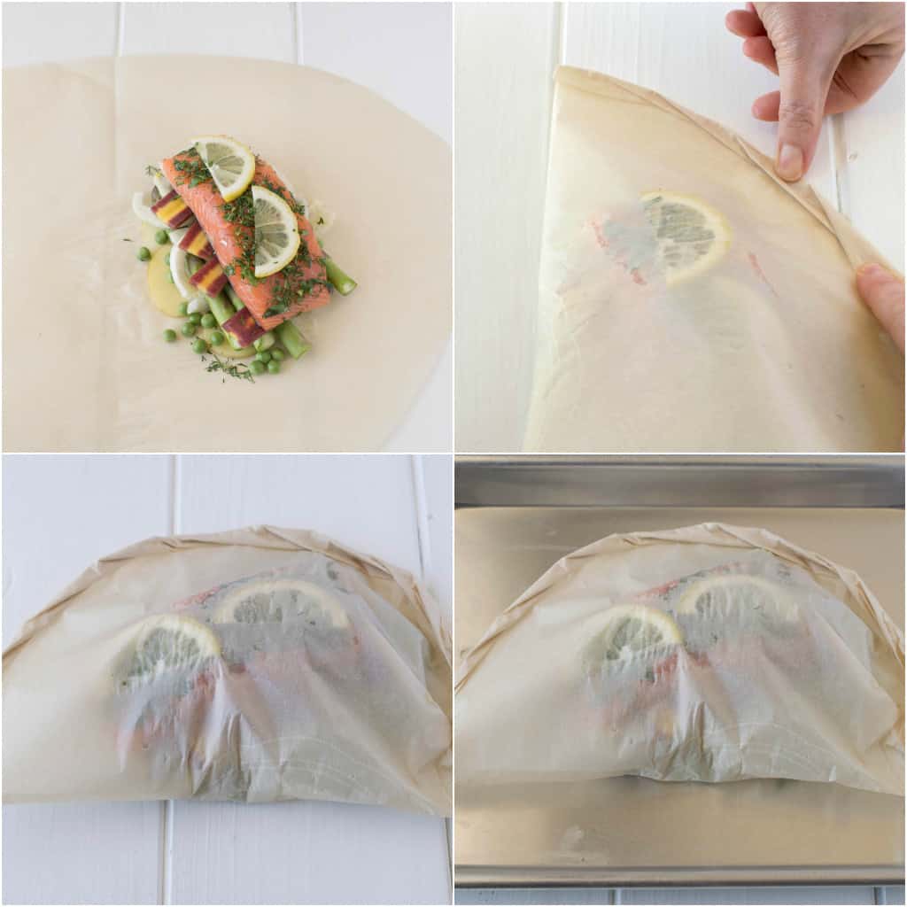 The steps of how to fold the paper around the salmon