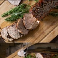 A sliced balsamic pork tenderloin on a serving board and drizzling balsamic glaze over slices