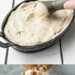 An oval dish of ice cream and ice cream in a cone