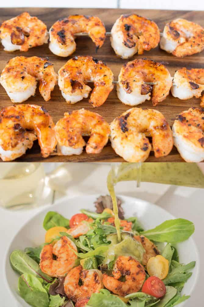 Grilled shrimp and pouring salad dressing over shrimp salad