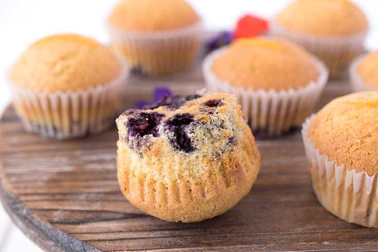 A muffin turned upside down showing the blueberries on the bottom
