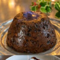 A flaming fruit pudding and pouring brandy sauce