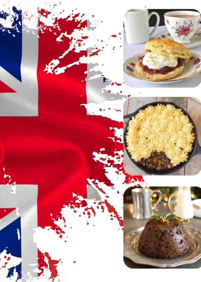 A Union Jack flag with a scone, shepherd's pie and a Christmas pudding