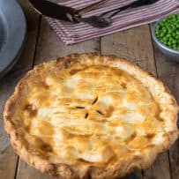 The pie fresh out of the oven with perfectly browned pastry