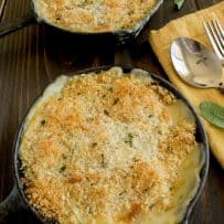 2 butternut squash and sage gratins in mini cast iron skillets