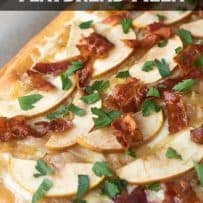 Bacon, green parsley, sliced apple caramelized onions and cheese top a crispy flatbread pizza
