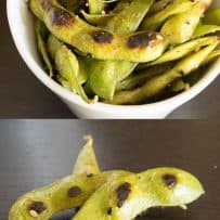 A closeup of edamame with a perfect char with specs of togarashi