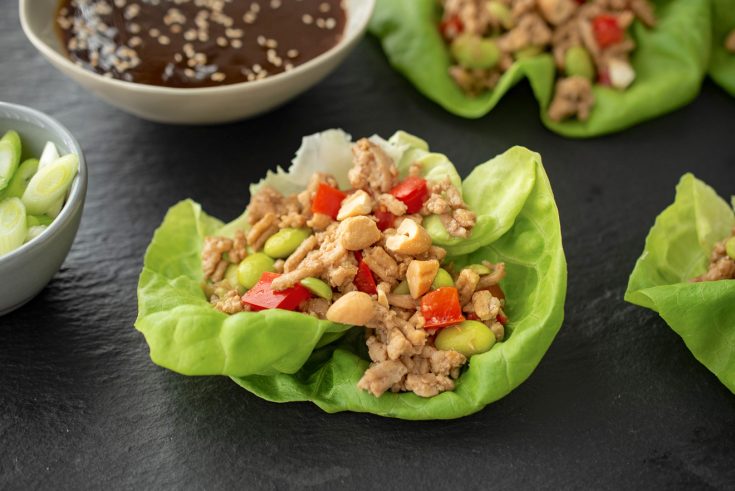 Lettuce leaves filled with ground chicken and vegetables