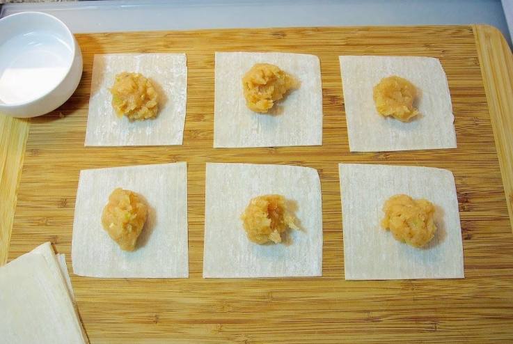 Ground chicken on wonton wrappers ready to make wonton