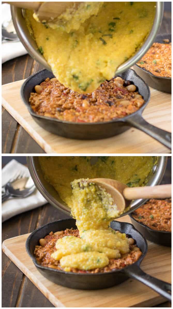Pouring creamy polenta over chili in a cast iron skillet