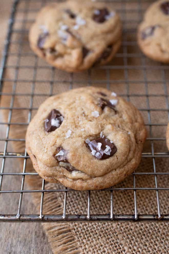 Chocolate chunk cookies on a cooling rack
