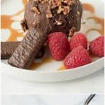 Chocolate pecan coated ice cream ball on a plate with raspberries and being eaten with a fork