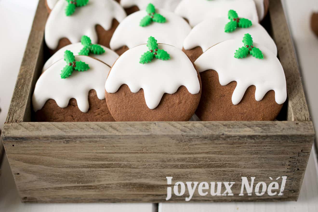 A gift box full of Christmas pudding cookies