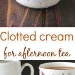 A jar of clotted cream and a scone topped with strawberry jam and cream