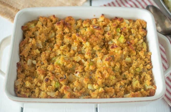 A rectangle baking dish of Cornbread sage and onion stuffing