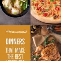 A bowl of chicken wonton soup, a pizza and roast chicken with lemon