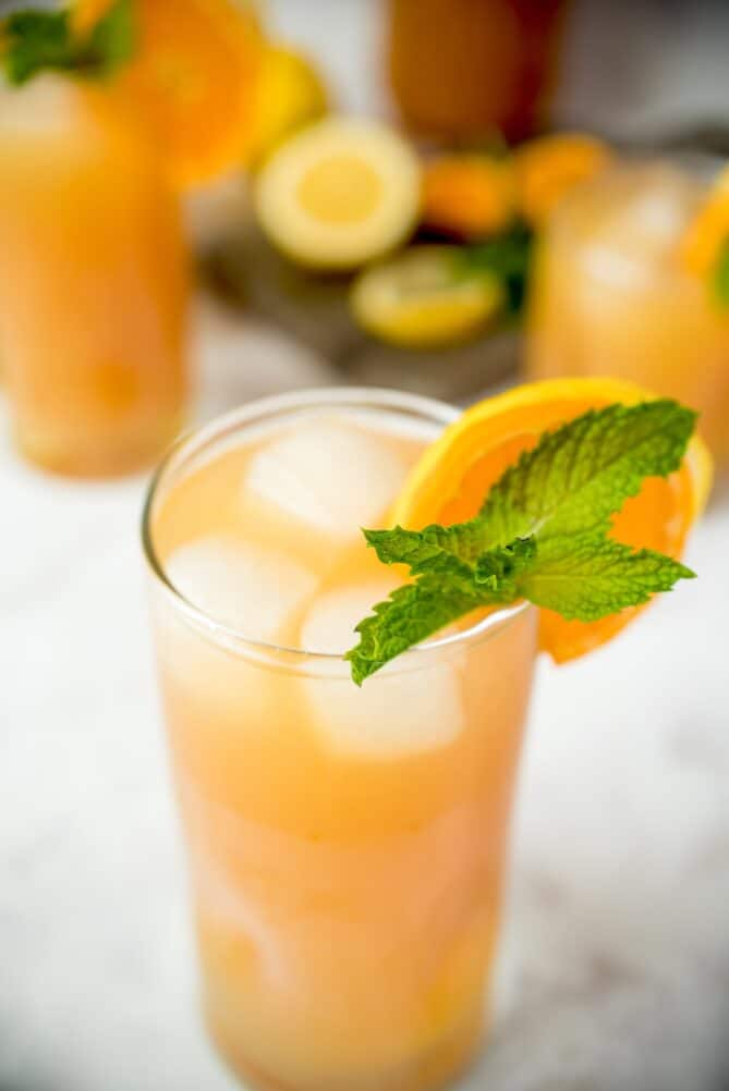 A closeup of lemonade garnish