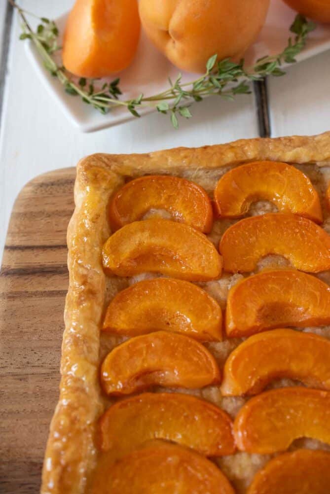 A closeup of an apricot tart
