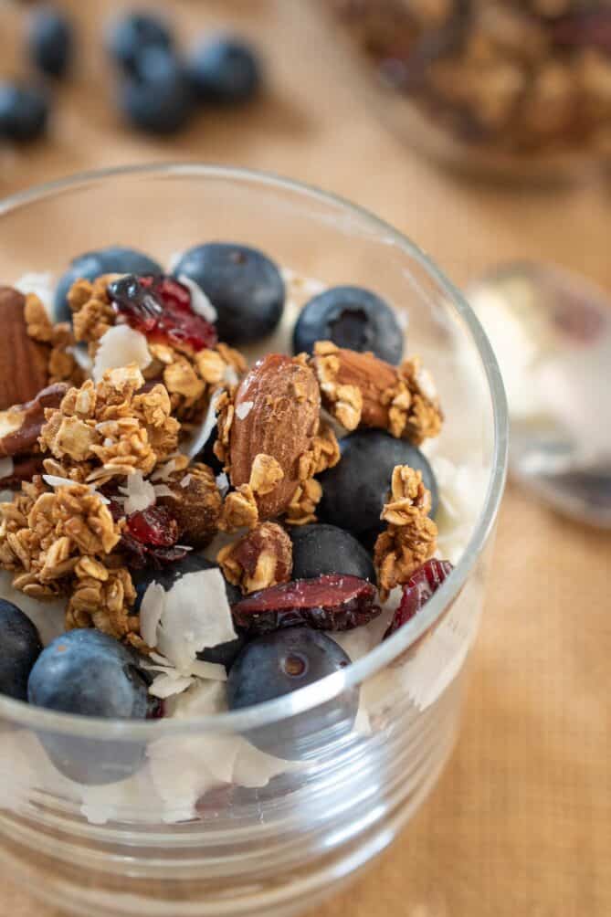 Yogurt topped with granola, nuts, blueberries and dried cranberries