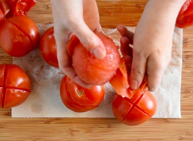 The skin is peeled from tomatoes