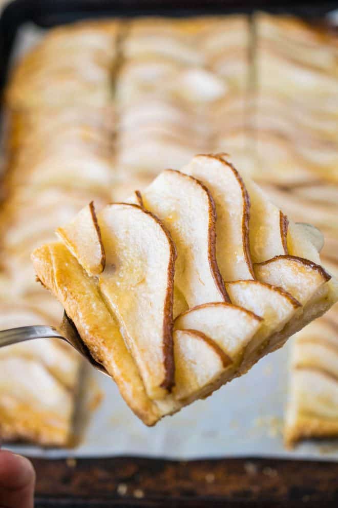 A closeup of a pear tart slice