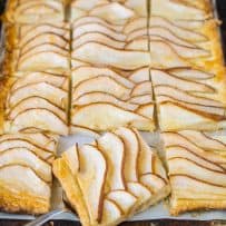 Pear slices laid out on a tart