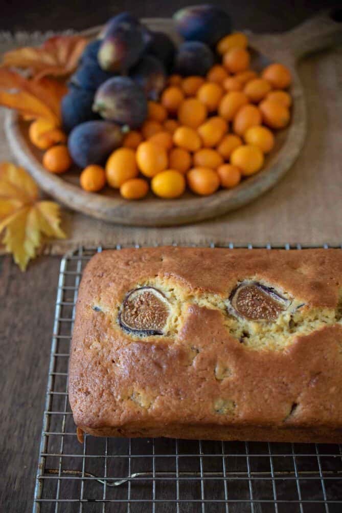 Fresh fig and orange loaf on a cooling rack