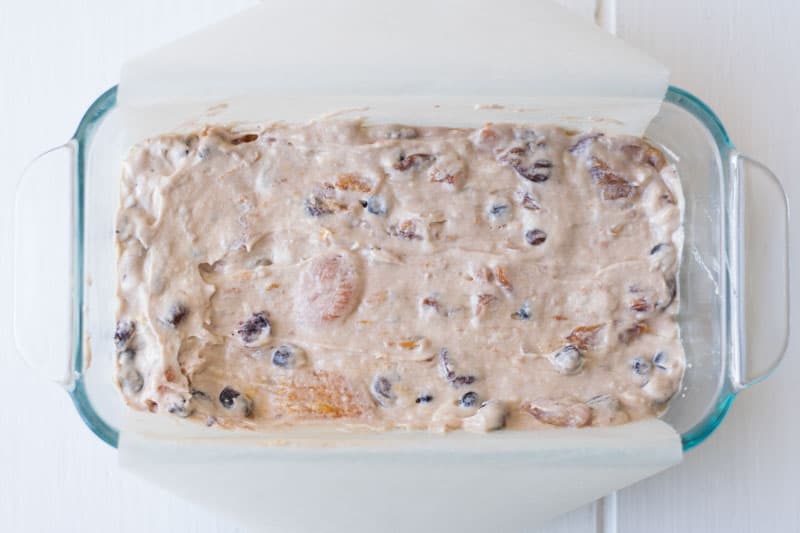 Cake batter in a loaf pan ready to be baked