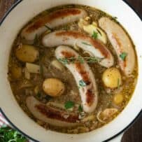 German beer sausage and potatoes viewed from overhead
