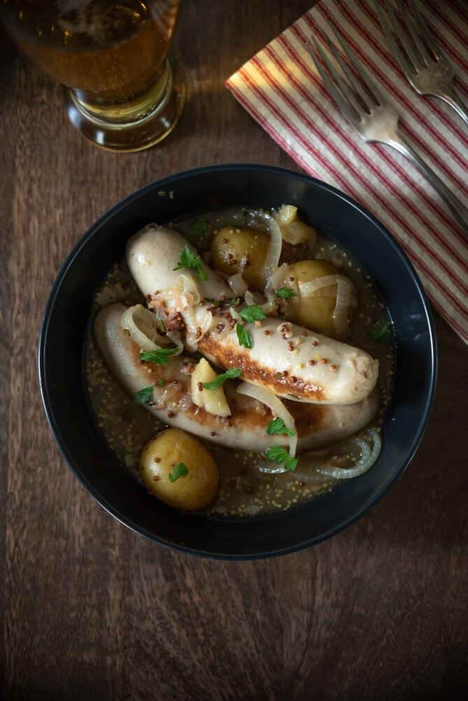 German beer sausage and potatoes viewed from overhead