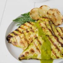 A closeup of the grilled chicken showing the perfect grill marks