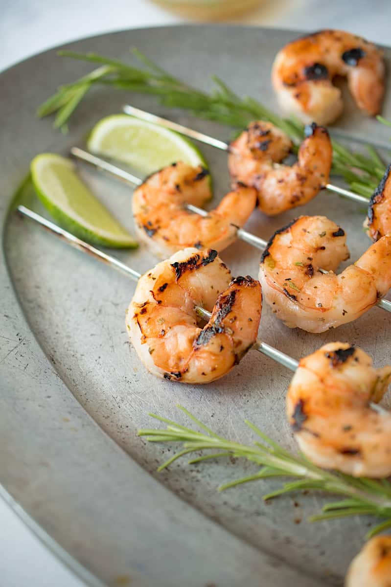 A closeup of freshly grilled key lime shrimp