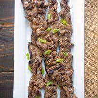Grilled Korean beef skewers viewed from overhead