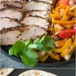 Grilled pork tenderloin fajitas are a quick and easy way to get a summer meal served in under 30 minutes. Marinated pork tenderloin is grilled along with onions and peppers. The pork is sliced then all are served on warm tortillas garnished with fresh avocado and cilantro.