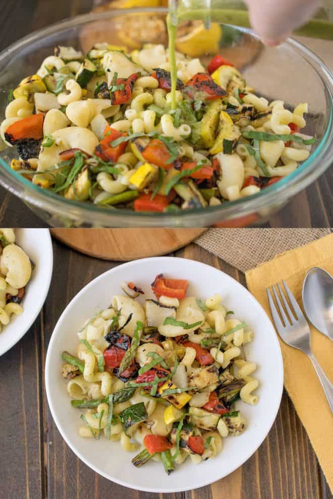 Pouring dressing over grilled spring vegetable pasta salad