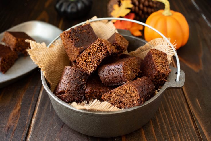 Squares of parkin cake are piled in a grey dish