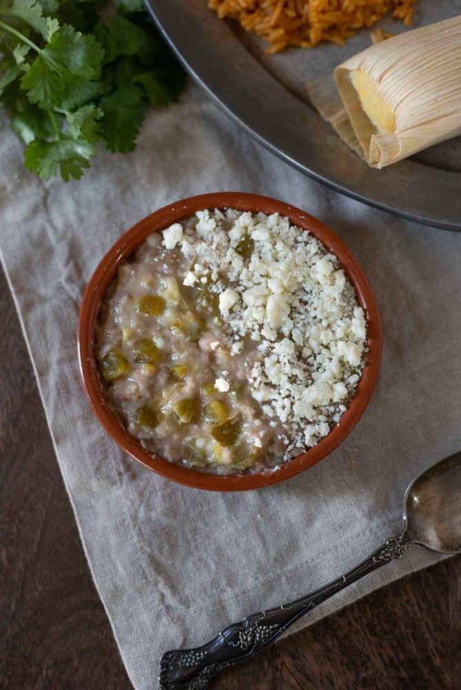 Hatch green chile refried beans viewed from overheat