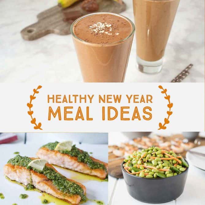 A chocolate smoothie, salmon with pesto and edamame in a bowl