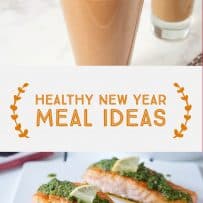 A chocolate matcha smoothie in a glass and 2 salmon filets topped with pesto