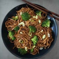 Hoisin Broccoli Noodles viewed from overhead