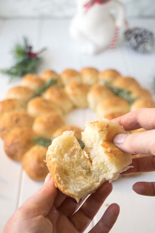 The inside of a rosemary roll