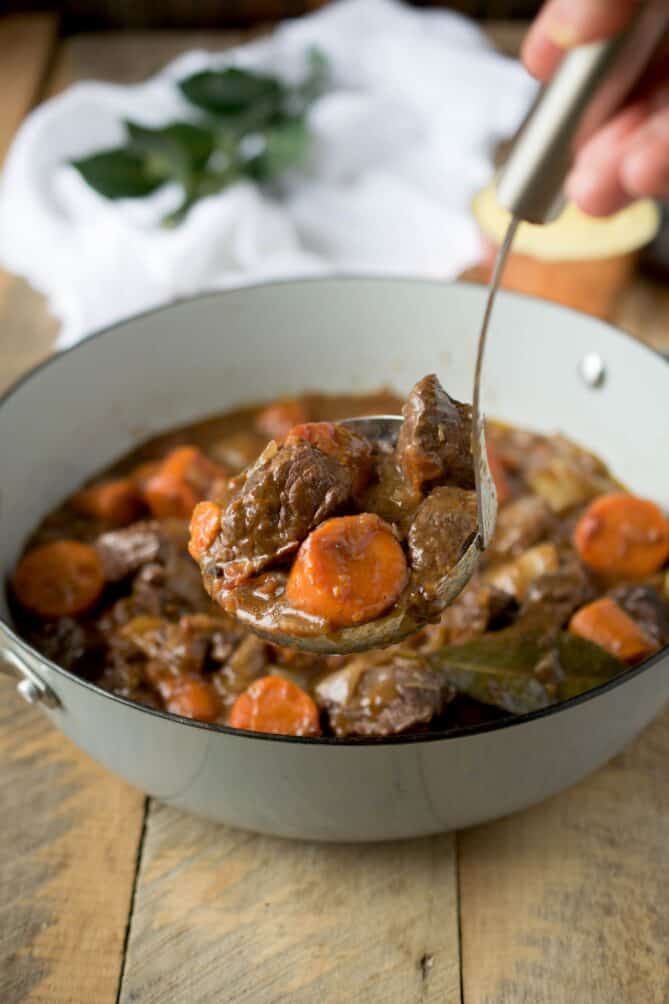 A ladle full of beef stew and carrots